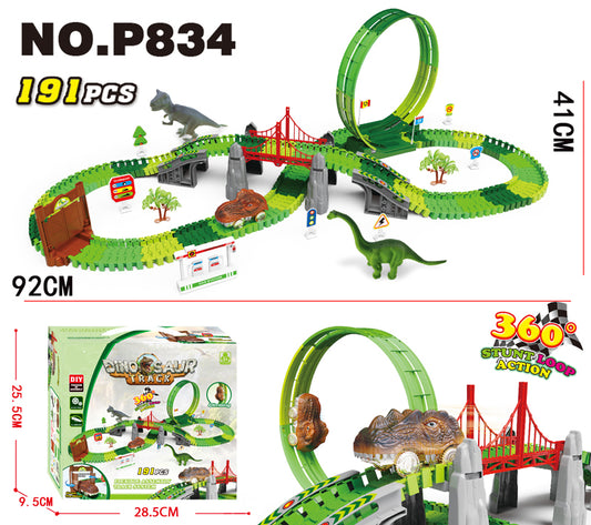 New volcano electric spray rail car with various assembled shapes, sound and light educational dinosaur rail car toy