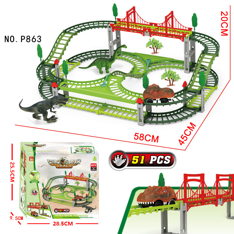 New volcano electric spray rail car with various assembled shapes, sound and light educational dinosaur rail car toy