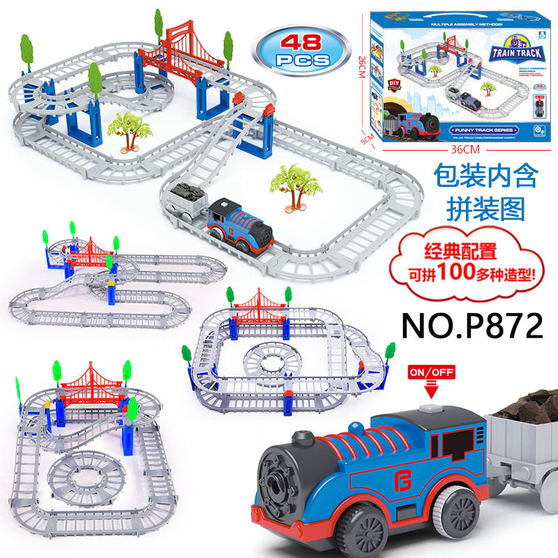 New volcano electric spray rail car with various assembled shapes, sound and light educational dinosaur rail car toy