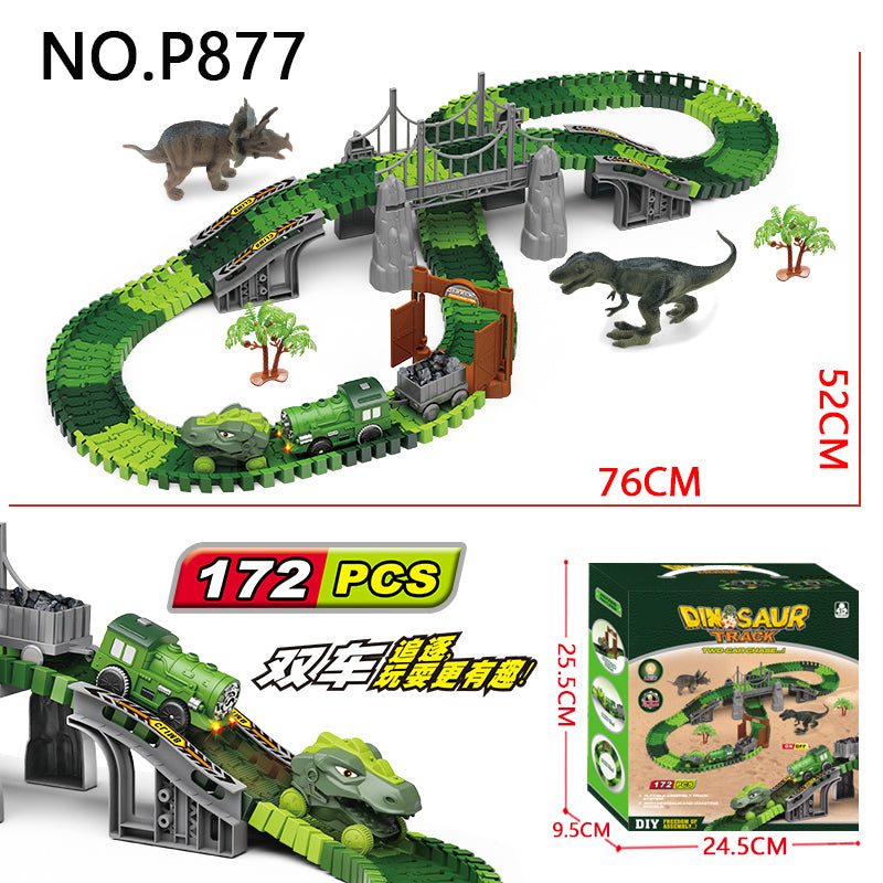 New volcano electric spray rail car with various assembled shapes, sound and light educational dinosaur rail car toy